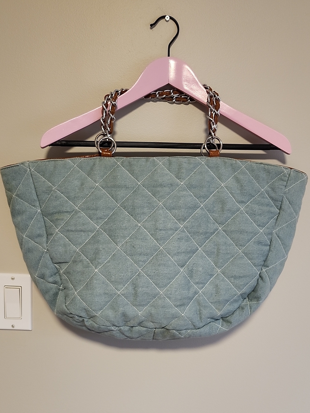 Quilted Chain-Handle Tote Bag in Light Blue